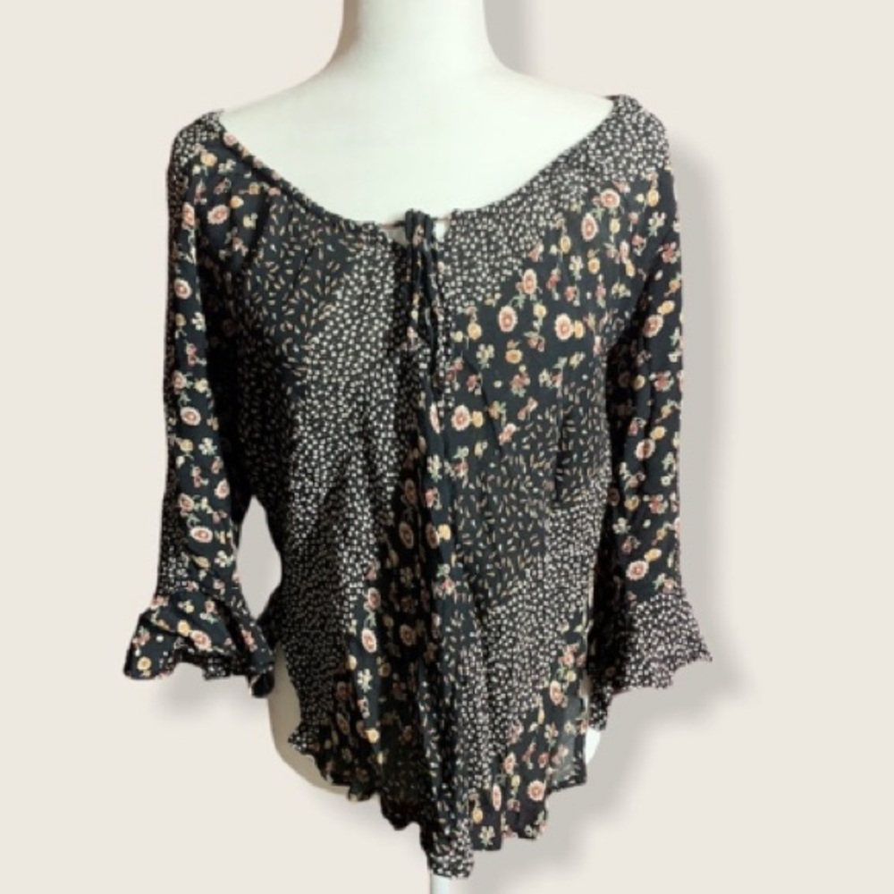 Black Floral Blouse Tie Front